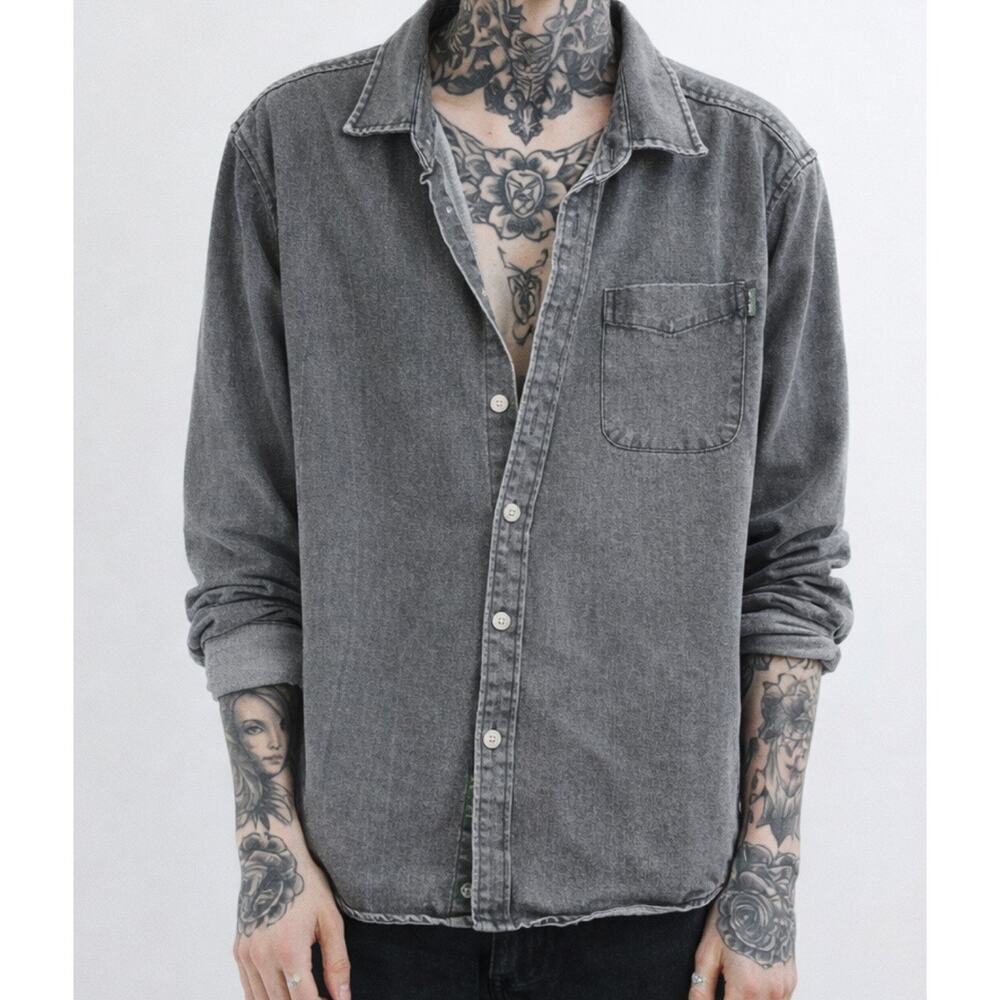 Men’s Charcoal Gray Washed Denim Button-Up Shirt Relaxed Fit Size XL